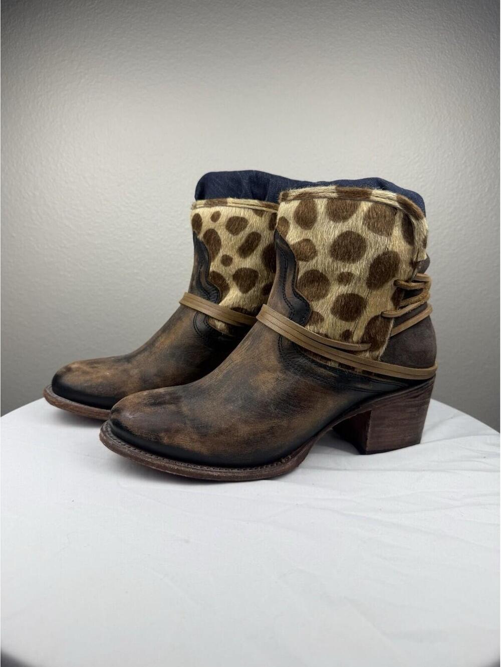 Freebird Casey Boots Womens 9 Leopard Calf Hair Leather Ankle Western Boho